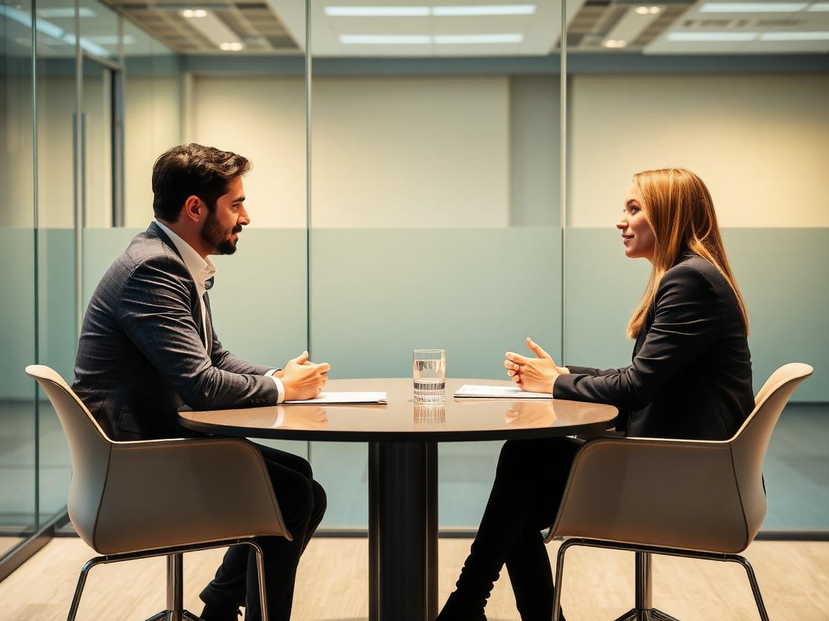 Hiring manager interviewing a candidate in a modern meeting room