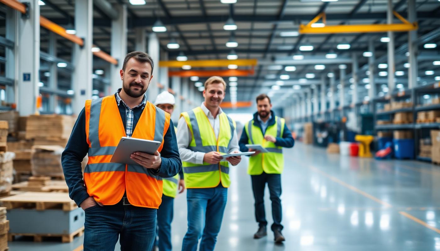 Warehouse and manufacturing workers in safety vests on a distribution floor