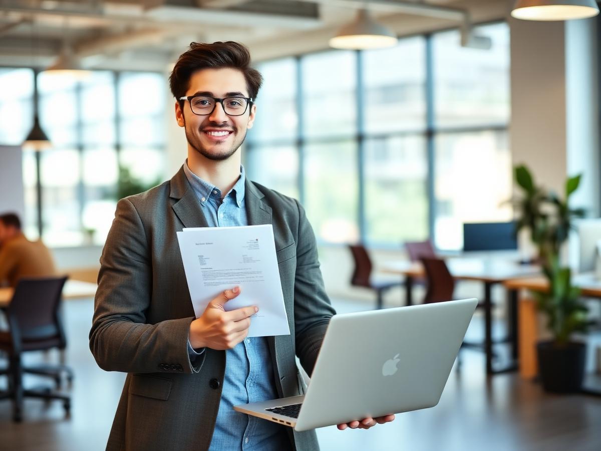 Job seeker holding a resume and laptop in a bright office